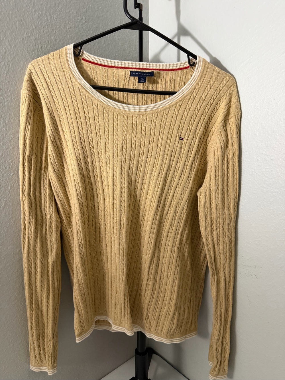 Tommy Hilfiger Men’s Cable Crewneck Sweater in Beige with White Trim